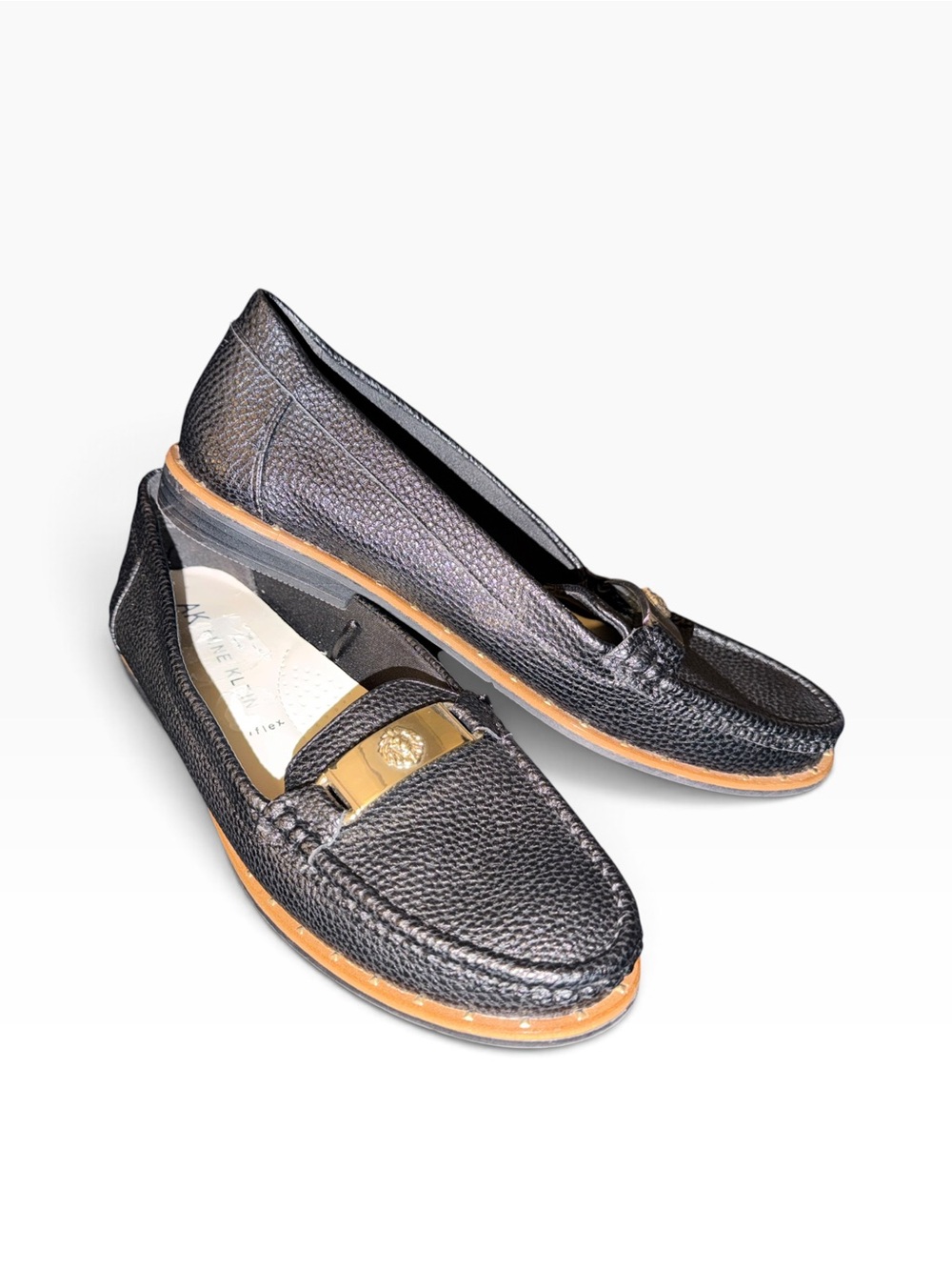 Black Leather Moccasin Loafers with Gold Accent